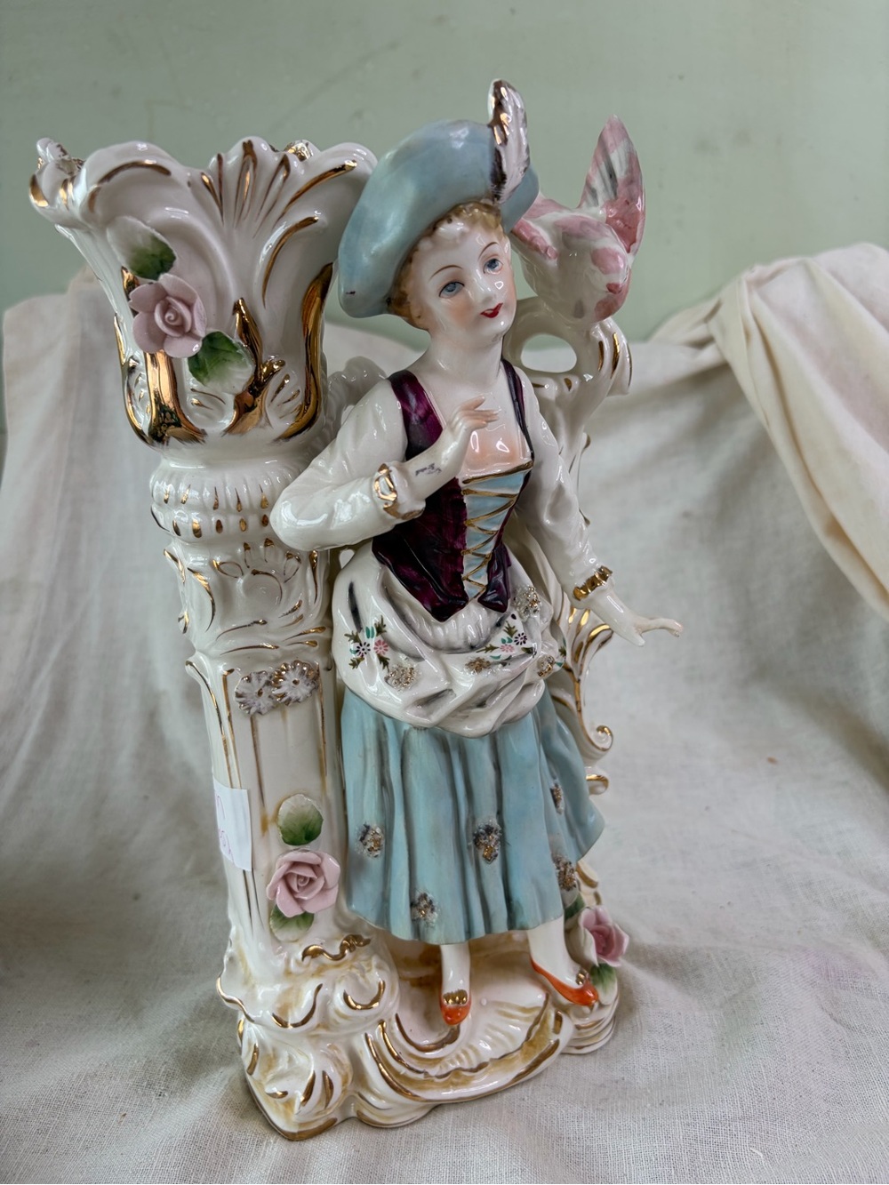 Porcelain Figurine Vase with Pastel Blue Dress and Pink Rose Accents